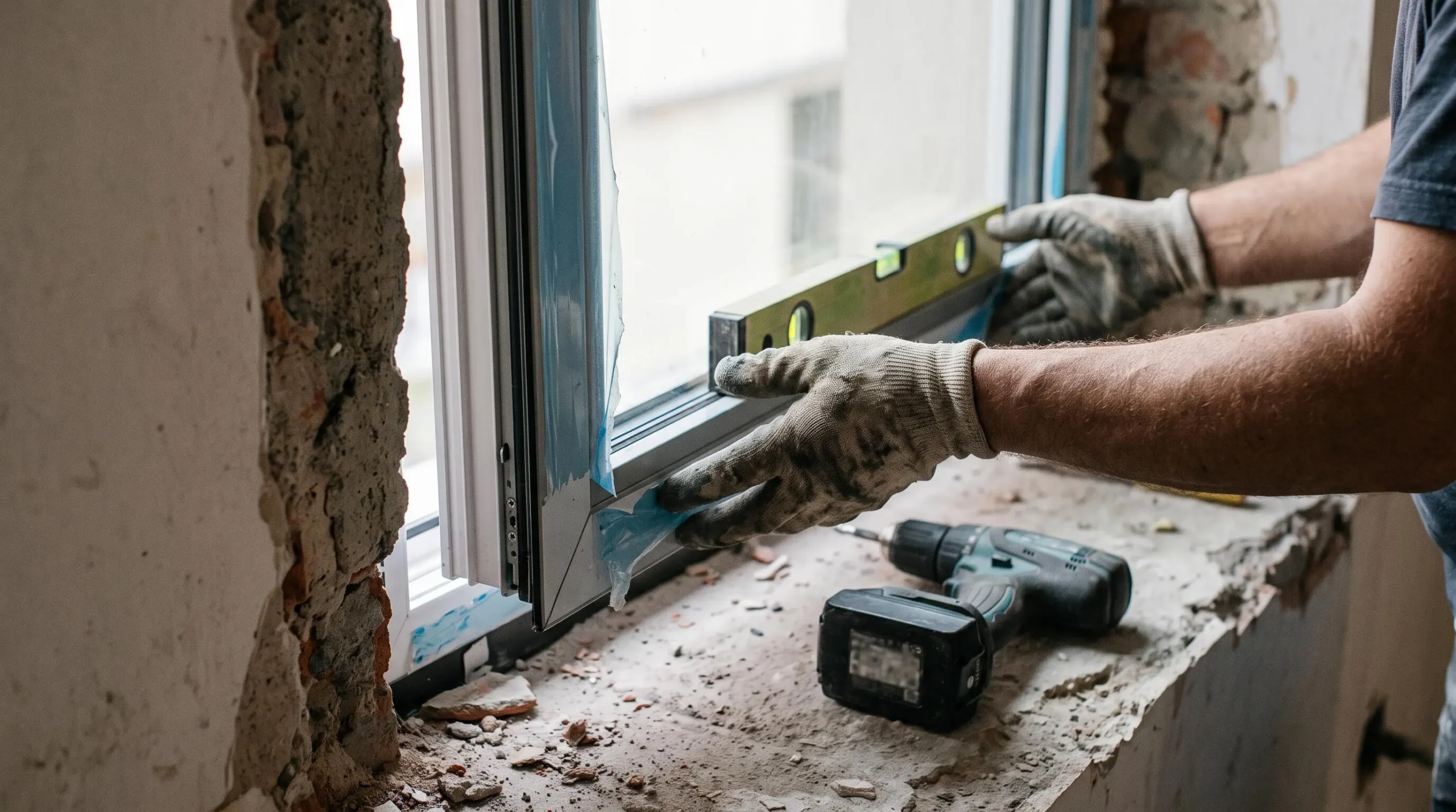 Gros plan sur les mains d'un artisan ajustant un cadre de fenêtre à profil fin dans l'ouverture d'un mur en rénovation.