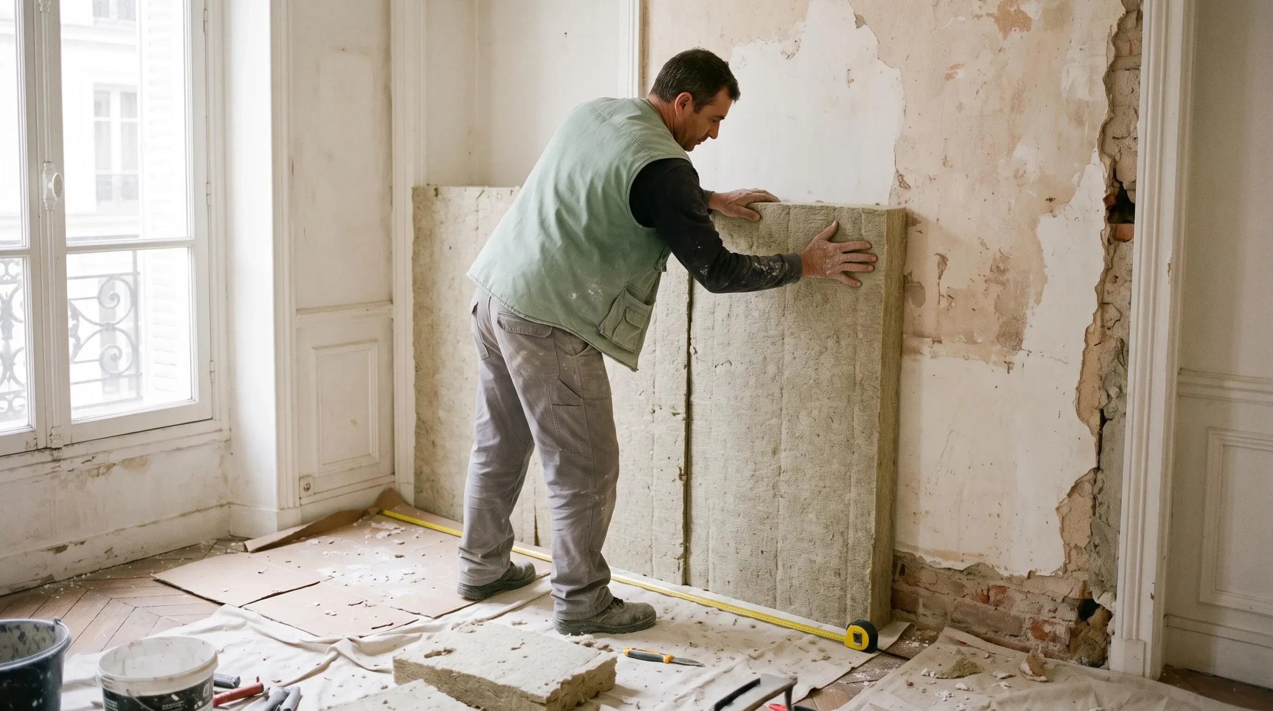 Un artisan pose des panneaux isolants sur le mur intérieur d'une petite pièce en rénovation, avec un mètre posé au sol pour mesurer la profondeur restante.