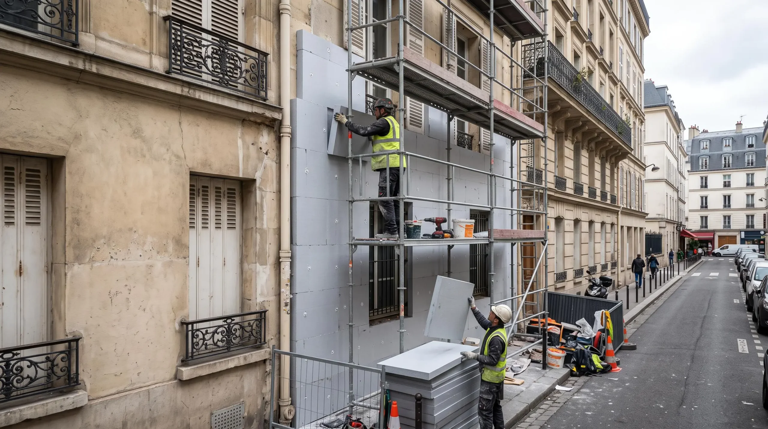 Deux ouvriers posent des panneaux isolants sur la façade extérieure d'un immeuble ancien depuis un échafaudage en ville.